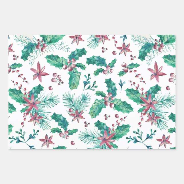Hoja De Papel De Regalo Pine Twigs y Holly Berries (Anverso)