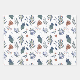Hoja De Papel De Regalo Pinecones y Berries Evergreen Green, White, Red