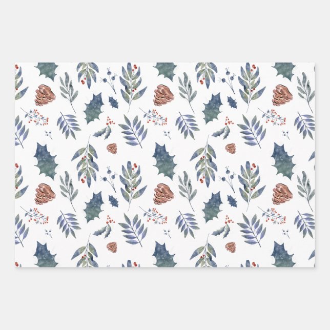 Hoja De Papel De Regalo Pinecones y Berries Evergreen Green, White, Red (Anverso)