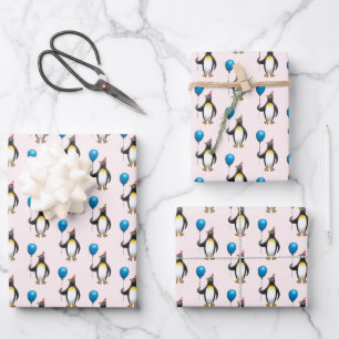Hoja De Papel De Regalo Pingüino con globo azul