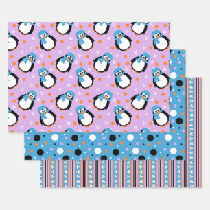 Hoja De Papel De Regalo Pingüino con rayas de Gorra y de escarf con puntos