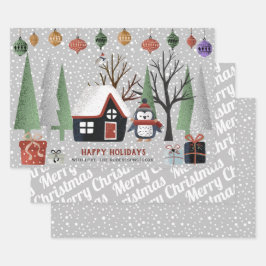 Hoja De Papel De Regalo Pingüino de invierno, Feliz Navidad y copos de nie