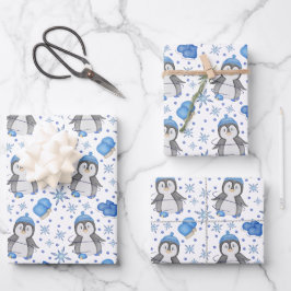 Hoja De Papel De Regalo Pingüino de patinaje sobre hielo de Navidades azul
