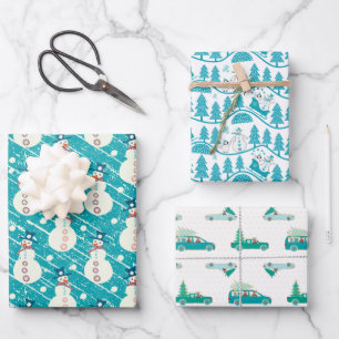 Hoja De Papel De Regalo Pingüino Navidad azul, hombre de nieve, conjunto d