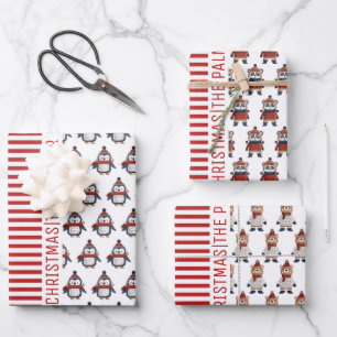 Hoja De Papel De Regalo Pingüino, panda, oso, rayas rojas Feliz Navidad