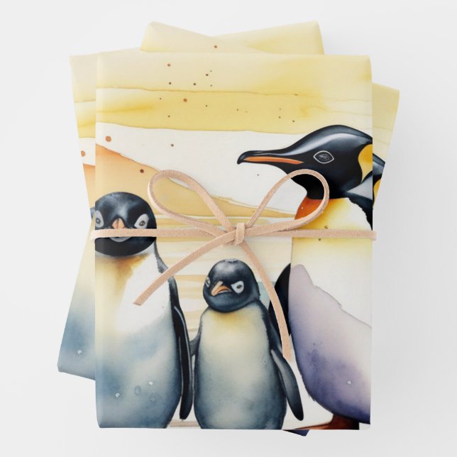 Hoja De Papel De Regalo Pingüinos acuarelas deslizándose sobre el hielo (In situ)