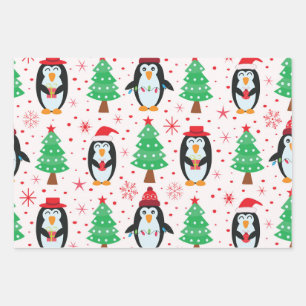 Hoja De Papel De Regalo Pingüinos de Navidad con Patrón de Pinos