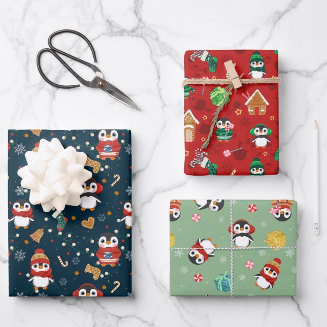 Hoja De Papel De Regalo Pingüinos de Navidades Cutos (Anverso)