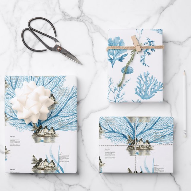 Hoja De Papel De Regalo Pingüinos Galápagos Pintados A Mano (Anverso)