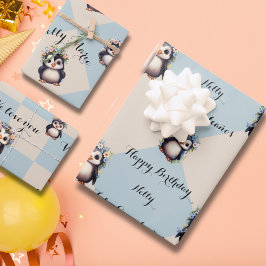 Hoja De Papel De Regalo Pingüinos guapos para Chica Bilingüe feliz cumplea