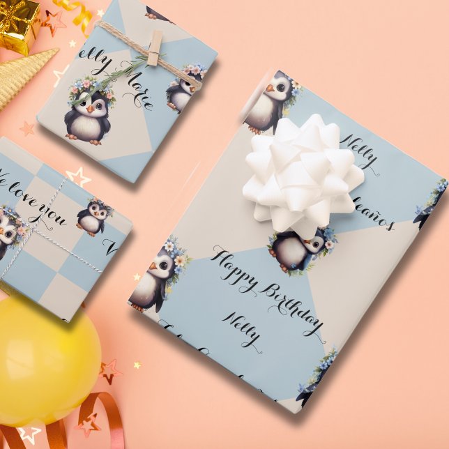 Hoja De Papel De Regalo Pingüinos guapos para Chica Bilingüe feliz cumplea (Penguins Bilingual text wrapping paper. Feliz Cumpleaños, Happy Birthday, & name. Multilingual proje)