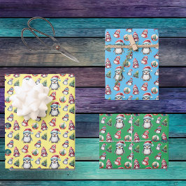 Hoja De Papel De Regalo Pingüinos Navidades bonitos en verde amarillo y az