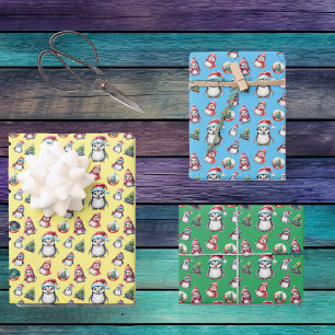 Hoja De Papel De Regalo Pingüinos Navidades bonitos en verde amarillo y az