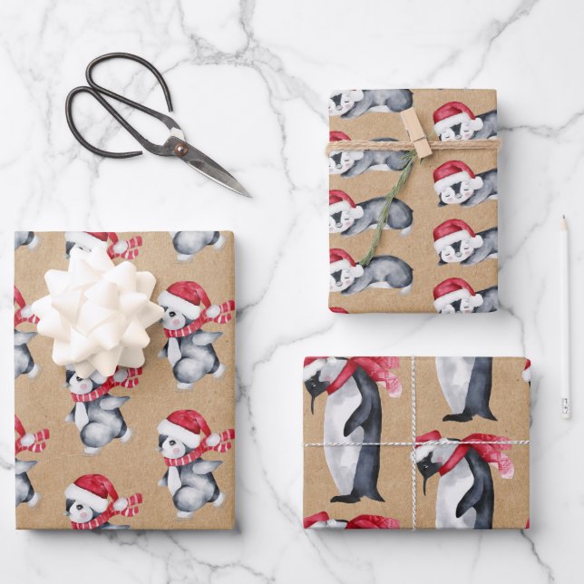 Hoja De Papel De Regalo Pingüinos Navidades Rustic Kraft (Anverso)