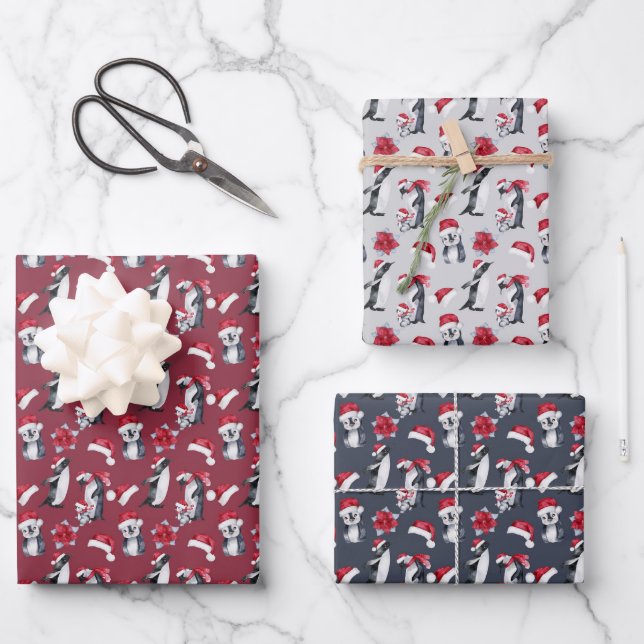 Hoja De Papel De Regalo Pingüinos Pequeños En Sat De Santa (Anverso)