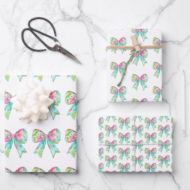 Hoja De Papel De Regalo Pink and Green Bows (Anverso)