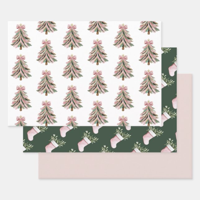 Hoja De Papel De Regalo Pink and Green Brushstroke Christmas Flat Wrapping (Set)