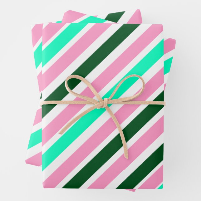 Hoja De Papel De Regalo Pink and Green Christmas Candy Stripes  (In situ)