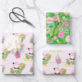 Hoja De Papel De Regalo Pink and Green Preppy Palm Beach Santa Claus