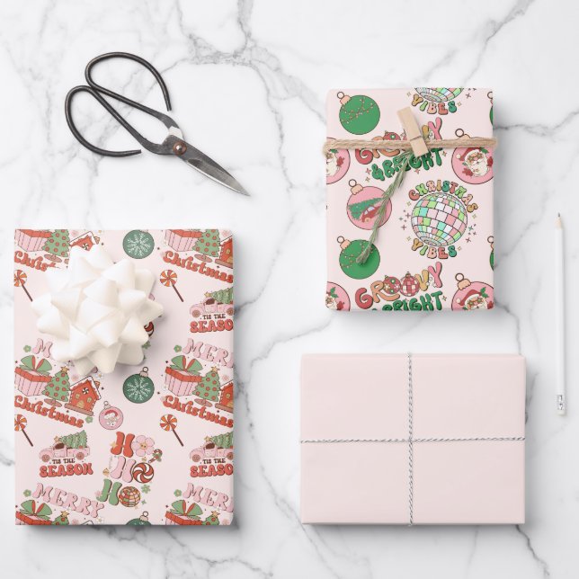 Hoja De Papel De Regalo Pink and Green Retro Christmas  (Anverso)