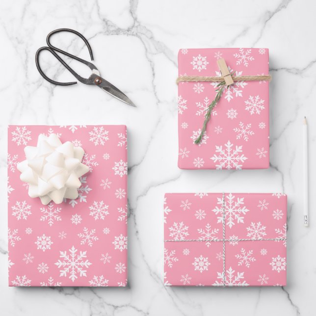 Hoja De Papel De Regalo Pink And White Winter Snowflakes Pattern (Anverso)