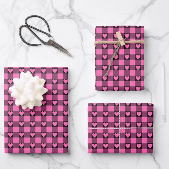 Hoja De Papel De Regalo Pink Black Buffalo Heart Plaid (Anverso)