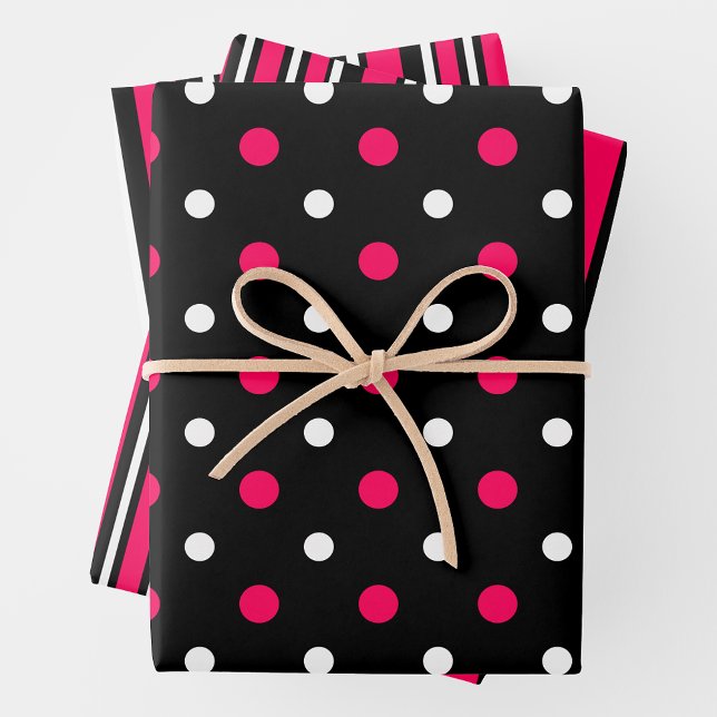 Hoja De Papel De Regalo Pink, Black & White Fun Stripes & Polka Dots (Pink, Black & White Fun Stripes & Polka Dots Wrapping Paper Sheets)
