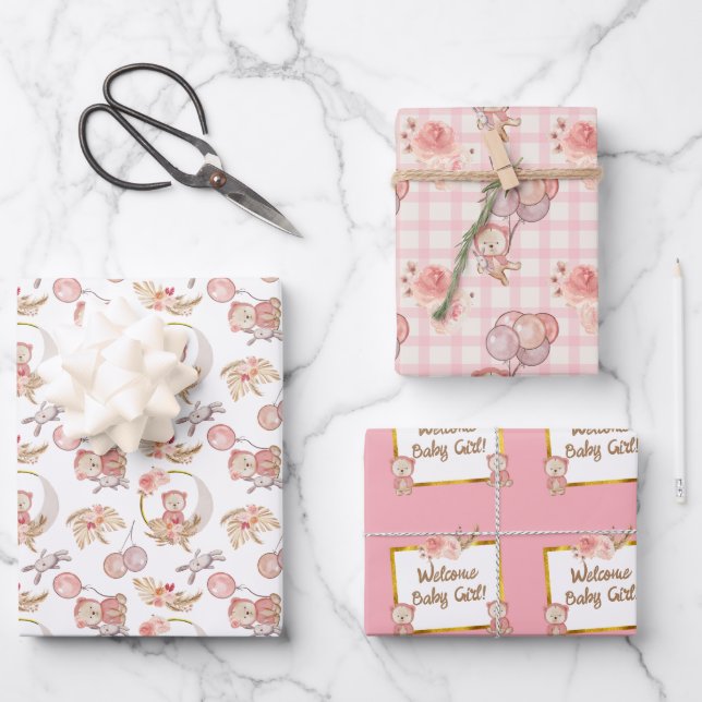Hoja De Papel De Regalo Pink Boho Bear Moon Bunny Floral (Anverso)