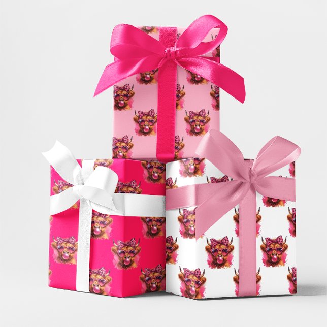 Hoja De Papel De Regalo Pink Bubble Gum Highland Cow Multi (Pink Bubble Gum Bubble Highland Cow Gift Wrap
)