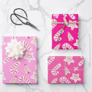 Hoja De Papel De Regalo Pink Christmas- Candy Canes, Stars & Trees Pattern