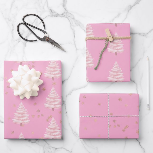 Hoja De Papel De Regalo Pink Christmas Tree Gold Snowflakes (Anverso)
