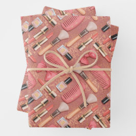 Hoja De Papel De Regalo Pink Cosmetics Pattern Glitter 