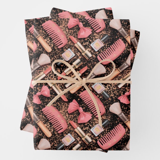 Hoja De Papel De Regalo Pink Cosmetics Pattern Glitter  (In situ)