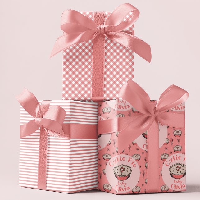 Hoja De Papel De Regalo Pink Cutie Pie Baby Girl (Cutie Pie Fall Baby Shower Wrapping Paper in Watermelon Pink. Cute Pies & Hearts, Stripes & Gingham)