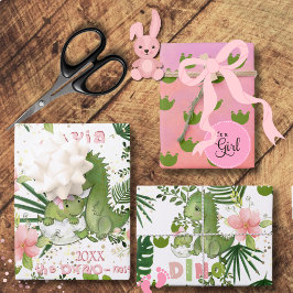 Hoja De Papel De Regalo Pink Dino & Tropical Leaves Custom Gift Wrap