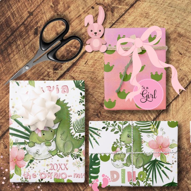 Hoja De Papel De Regalo Pink Dino & Tropical Leaves Custom Gift Wrap (Pink Dino & Tropical Leaves Custom Gift Wrap)