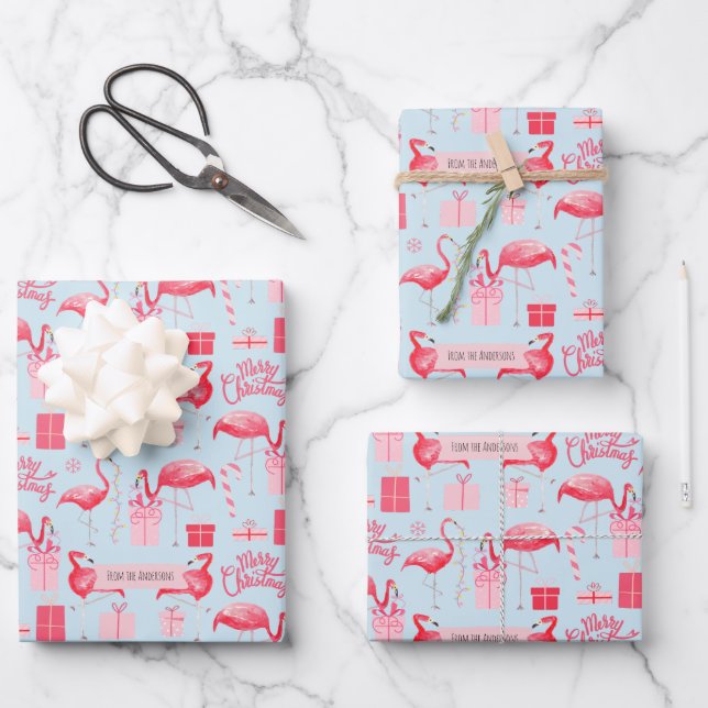 Hoja De Papel De Regalo Pink Flamingo Christmas Retro Pastel Blue (Anverso)