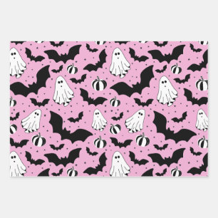Hoja De Papel De Regalo Pink ghosts, bats and pumpkins