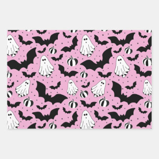 Hoja De Papel De Regalo Pink ghosts, bats and pumpkins