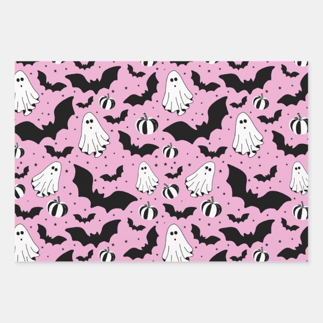 Hoja De Papel De Regalo Pink ghosts, bats and pumpkins (Anverso)