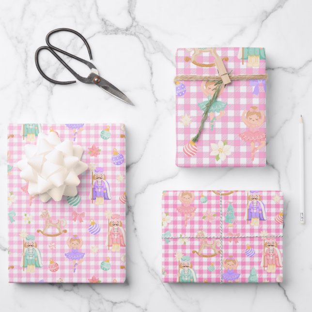 Hoja De Papel De Regalo Pink Gingham Nutcracker Birthday (Anverso)
