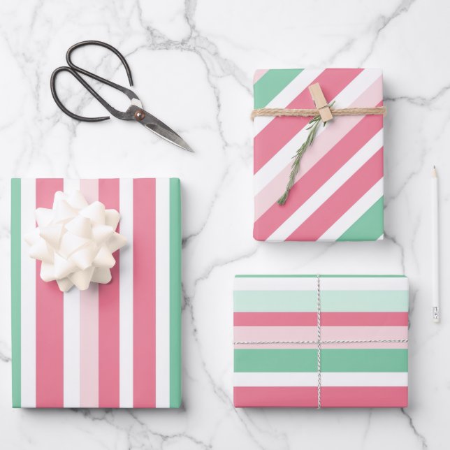 Hoja De Papel De Regalo Pink Green Stripes Christmas  (Anverso)