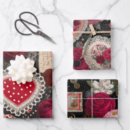 Hoja De Papel De Regalo Pink Heart Rose Flowers Vintage Wrapping