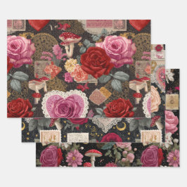 Hoja De Papel De Regalo Pink Heart Rose Flowers Vintage Wrapping