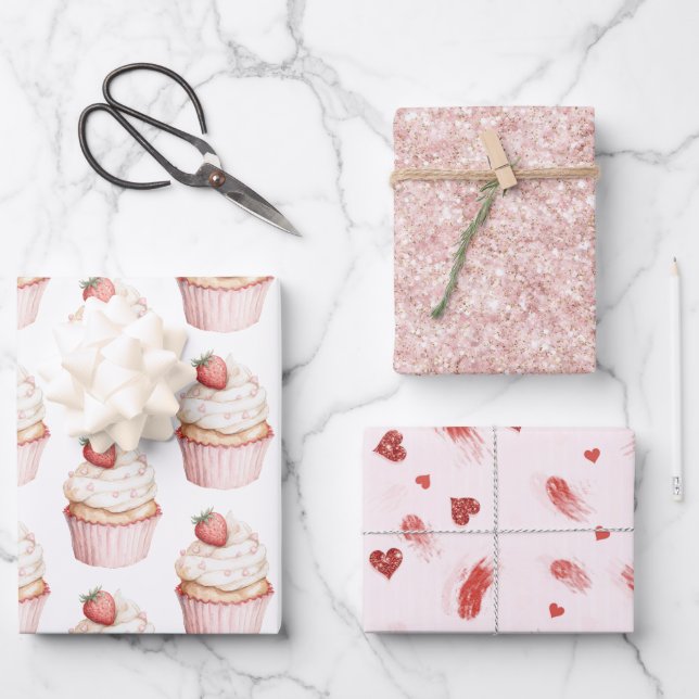 Hoja De Papel De Regalo Pink Hearts Strawberry Cupcake   (Anverso)