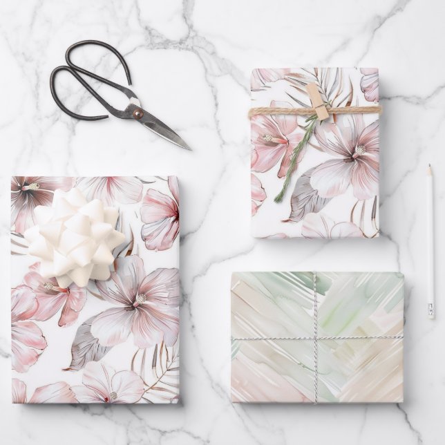 Hoja De Papel De Regalo Pink Hibiscus Flowers Birthday (Anverso)