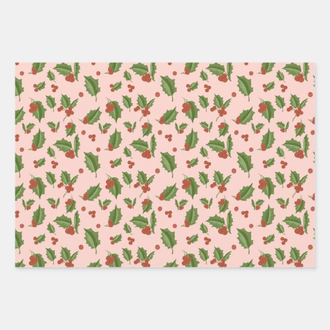 Hoja De Papel De Regalo Pink Holly Gift Wrap (Anverso)