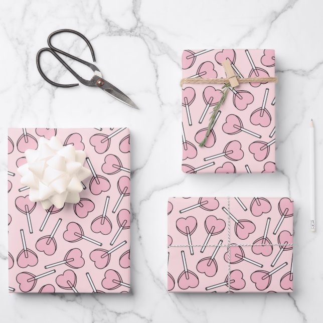 Hoja De Papel De Regalo Pink Lollipops, Heart Lollipops, Lollipop Pattern (Anverso)