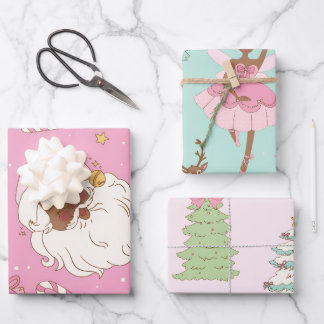 Hoja De Papel De Regalo Pink Pastel Christmas Black Santa & Ballerina
