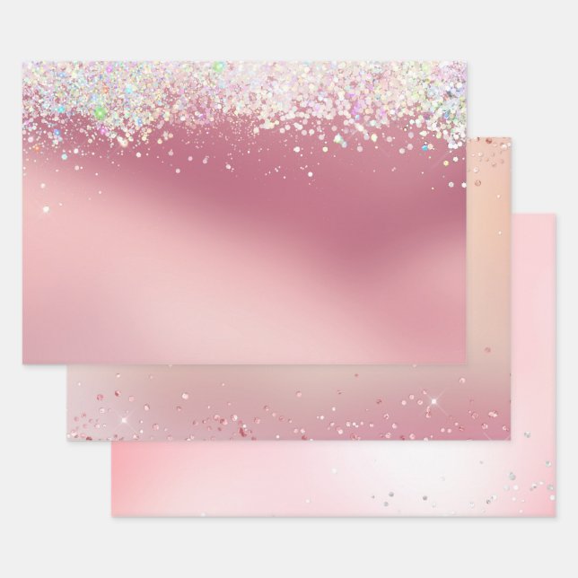 Hoja De Papel De Regalo Pink Silver Sparkle Confetti Christmas (Set)